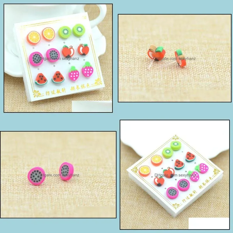 earrings for women 6 pair/pack cute handmade polymer fruit hypoallergenic stud earrings