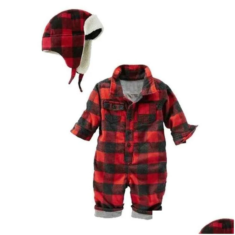 autumn baby boys red plaid long sleeve cotton rompers hat fashion gentleman jumpers infant overalls newborns clothes 903 v2