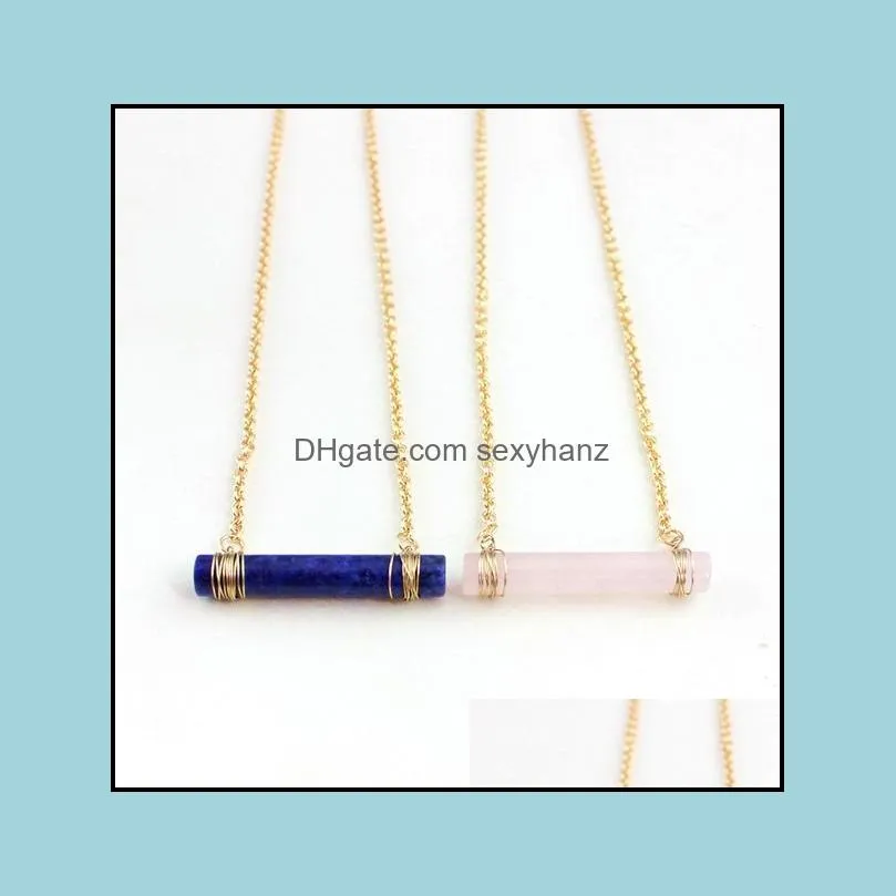 fashion pink cylinder gold color natural stone bar statement necklace for women girl brand jewelry