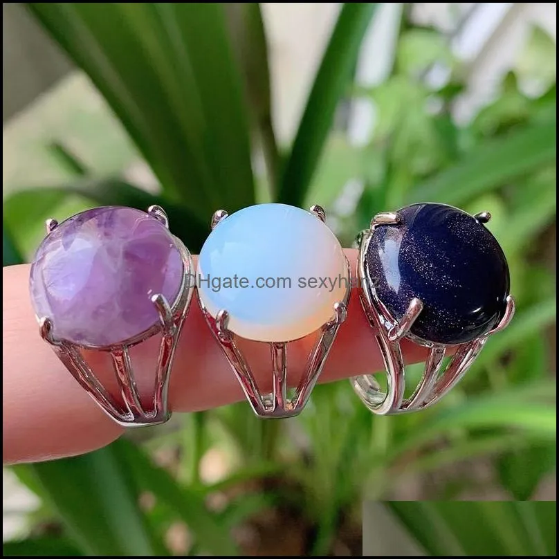 natural stone crystal ring for women open reiki healing lapis tiger eye pink purple quartz finger rings party wedding jewelry