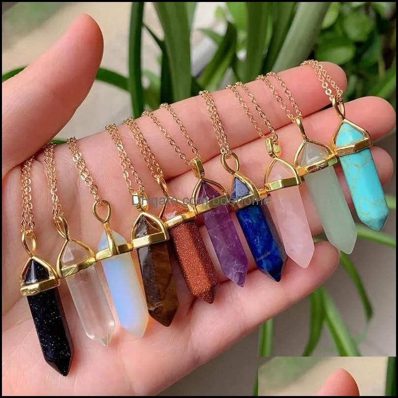 reiki real natural stone necklace chakra pendant hexagonal bullet amethysts opal pink purple crystal necklace women jewelry