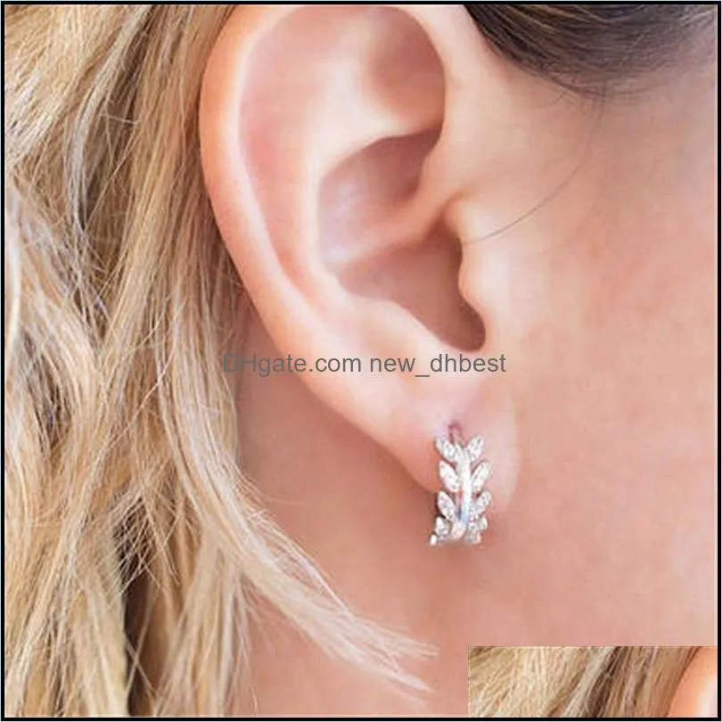 silver earrings leaves full zircon hoop earrings female fashion simple gorgeous jewelry valentine gift gold leaves circle stud