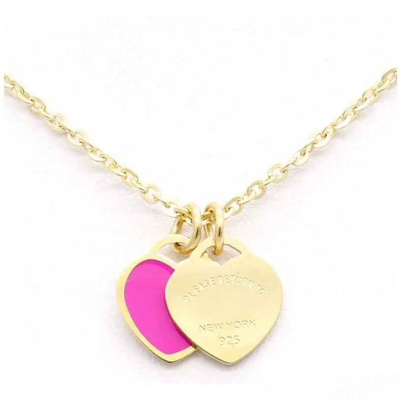 design brand heart love necklace for women stainless steel accessories zircon green pink women jewelry gift