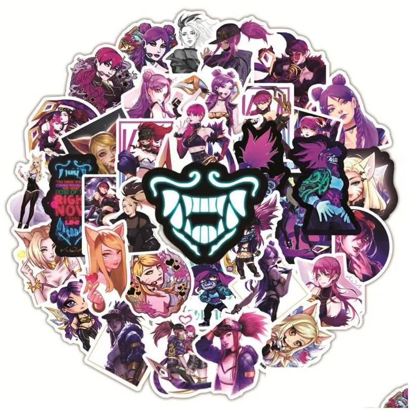 50pcs/lot league of legends game womens team kda stickers akali ahr evelynn kaisa cartoon stickers for guitar skateboard surfboard