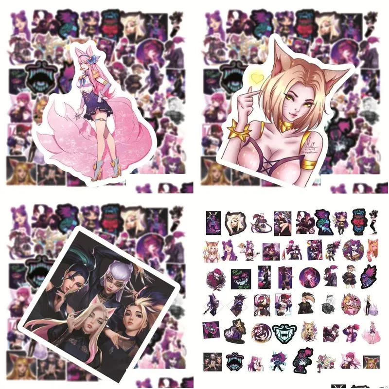 50pcs/lot league of legends game womens team kda stickers akali ahr evelynn kaisa cartoon stickers for guitar skateboard surfboard