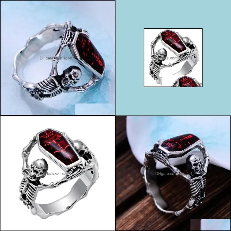 vintage punk skull ring men hip hop engagement ring male fashion red zircon rings for women jewelry silvery rings