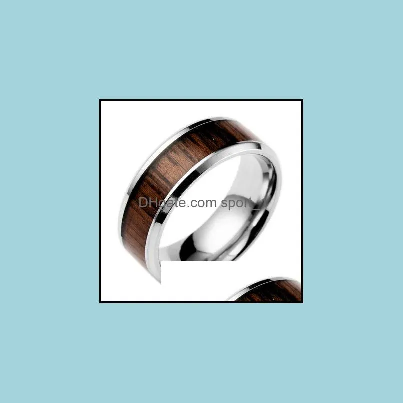 316l stainless steel finger rings durable vintage titanium stainless steel 8mm ring wood grain ring jewelry for men