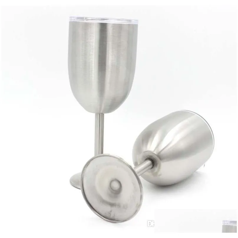silver 10oz wine glasses goblets double layer stainless steel wine cup beer coffee wine glass with lid