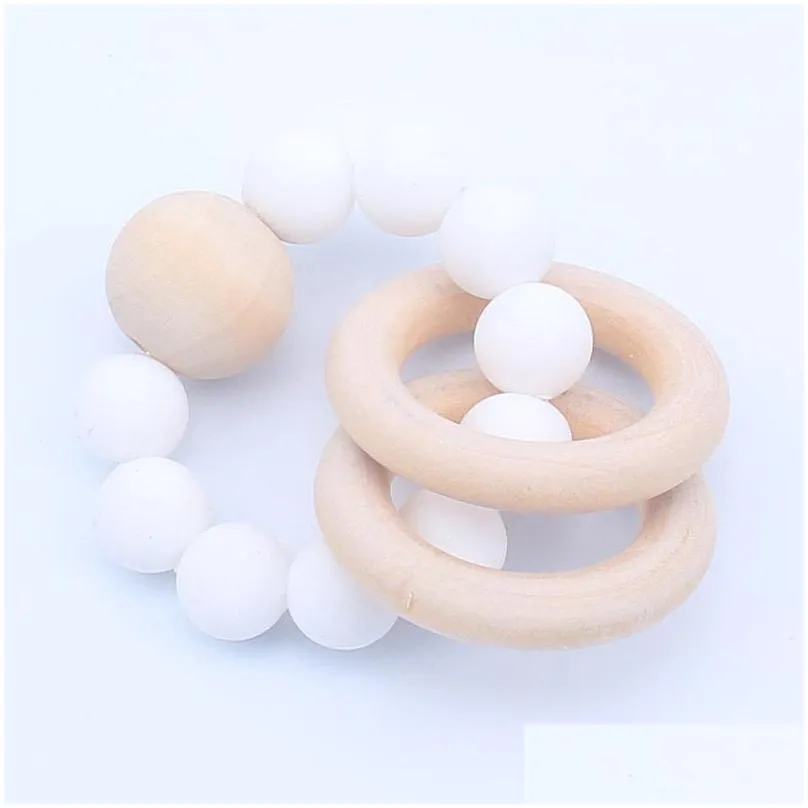 baby teether rings food grade beech wood teething ring soothers chew toys shower play round wooden bead newborn silicone teethers 826