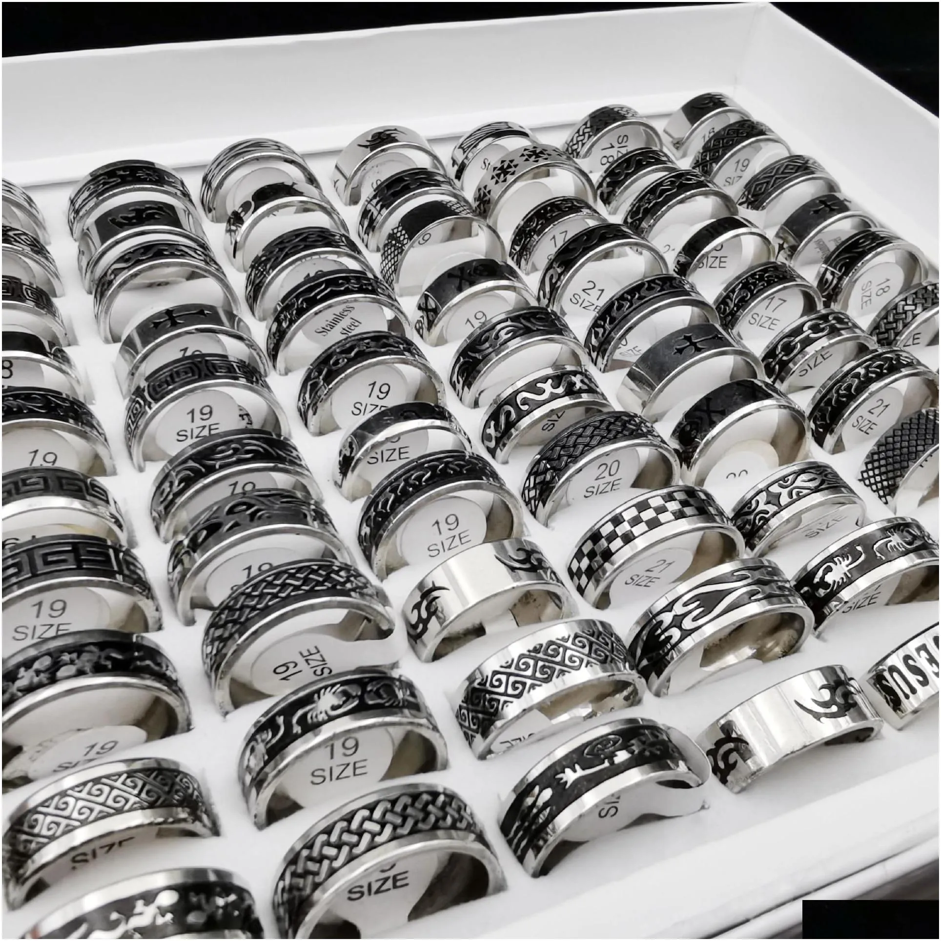 50 pcs/lot vintage retro style stainless steel rings for men and women fashion round punk rings gift accessories wholesale