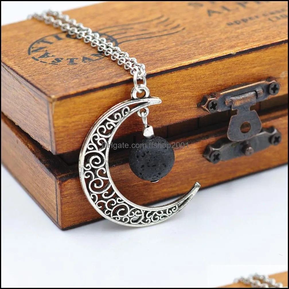 fashion 14mm lava stone moon necklace volcanic rock aromatherapy  oil diffuser necklace for women jewelry