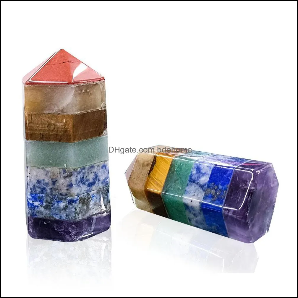 22x49mm 7 chakra reiki art craft natural crystal stone hexagon prism polishing quartz yoga energy bead chakra healing decoration