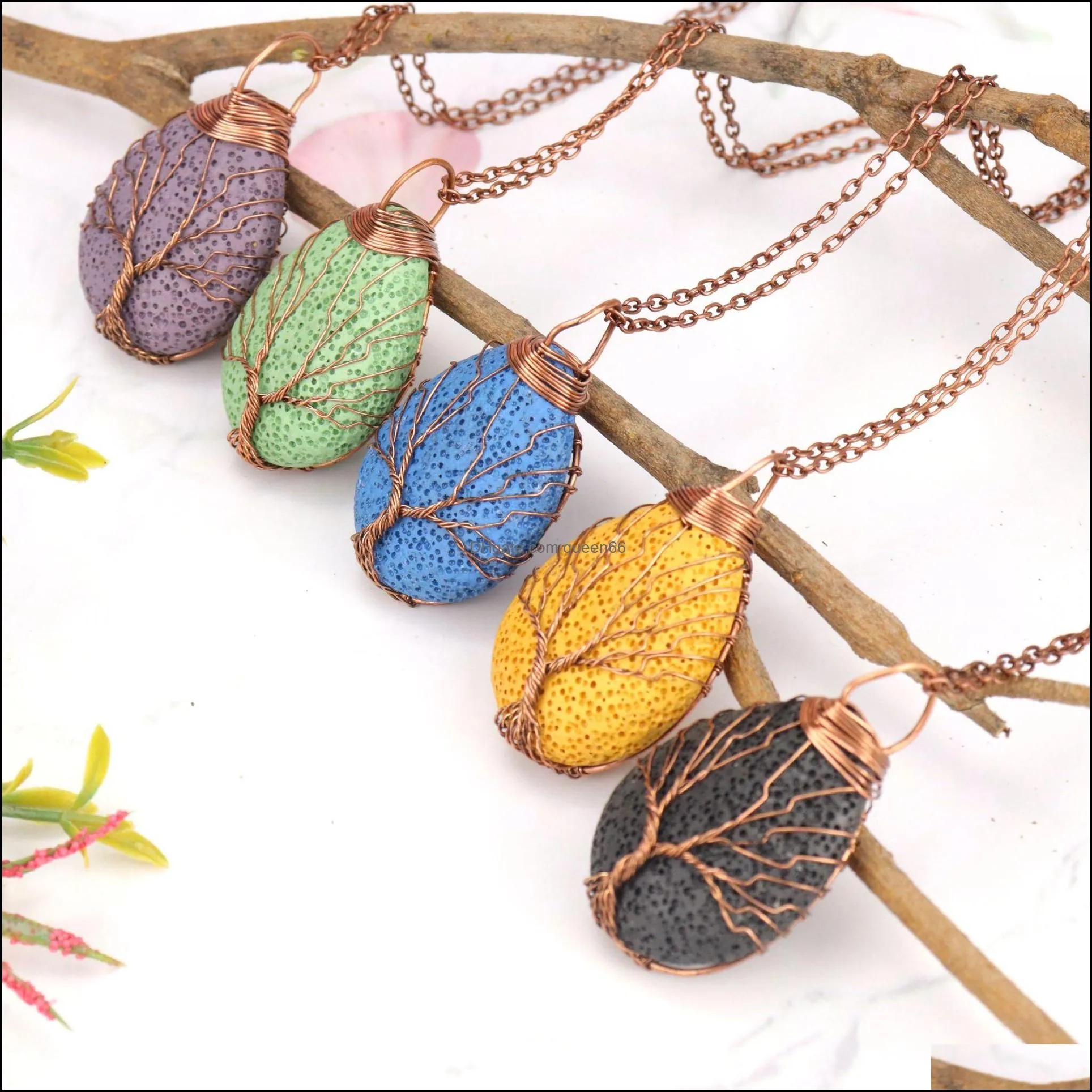 twine colorful lava stone tree of life necklaces diy aromatherapy  oil diffuser necklace for women jewelry