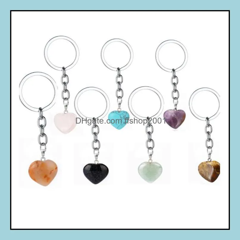 rose pink natural heart stone keychain crystal quartz healing stone chakra heart key chain ring keyring jewelry gift