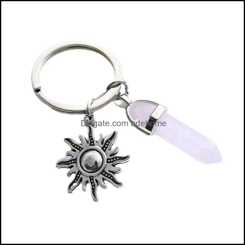 natural opal stone keychain women hexagonal column rose quartz key chains with sun moon jewelry couple friends