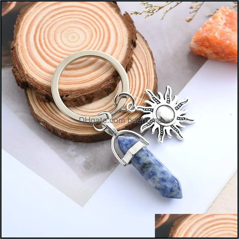 natural opal stone keychain women hexagonal column rose quartz key chains with sun moon jewelry couple friends