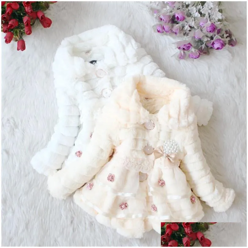 girls fur coat clothing with pearl lace flower autumn winter wear clothes baby children faux fur dress dresses style jacket 2017
