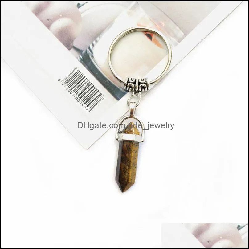 natural stone key rings hexagonal prism keychains silver alloy healing amethyst pink crystal car decor keyholder for women men