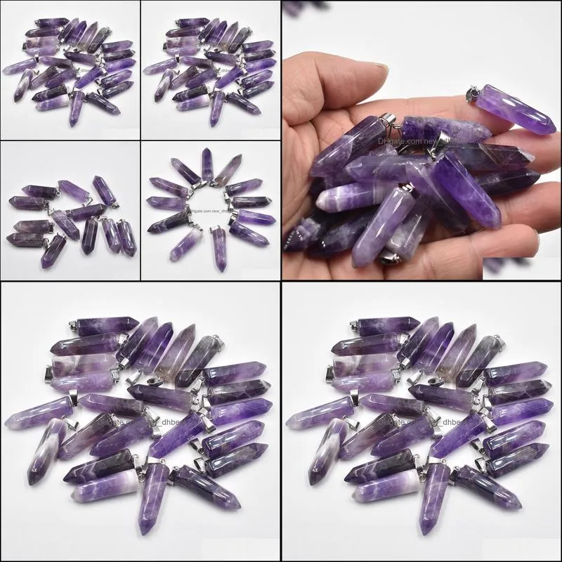 amethyst hexagonal pillar charms quartz crystal natural stone pendants for necklace earrings jewelry making