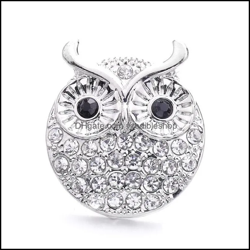 wholesale crystal silver color owl snap button women charms jewelry findings rhinestone 18mm metal snaps buttons diy bracelet