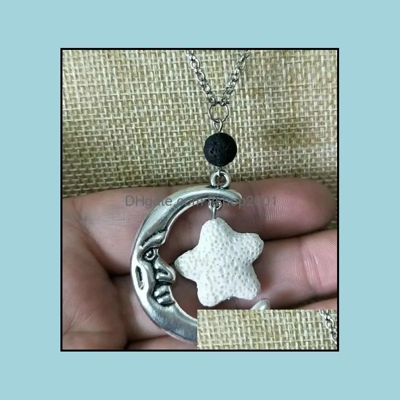 vintage silver color starfish lava stone moon diffuser necklace volcanic rock aromatherapy  oil diffuser necklace for women