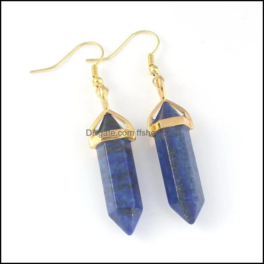 hexagonal prism bullet earrings natural amethysts opal turquoises quartz dangle earrings healing reiki stone pendulum earrings women