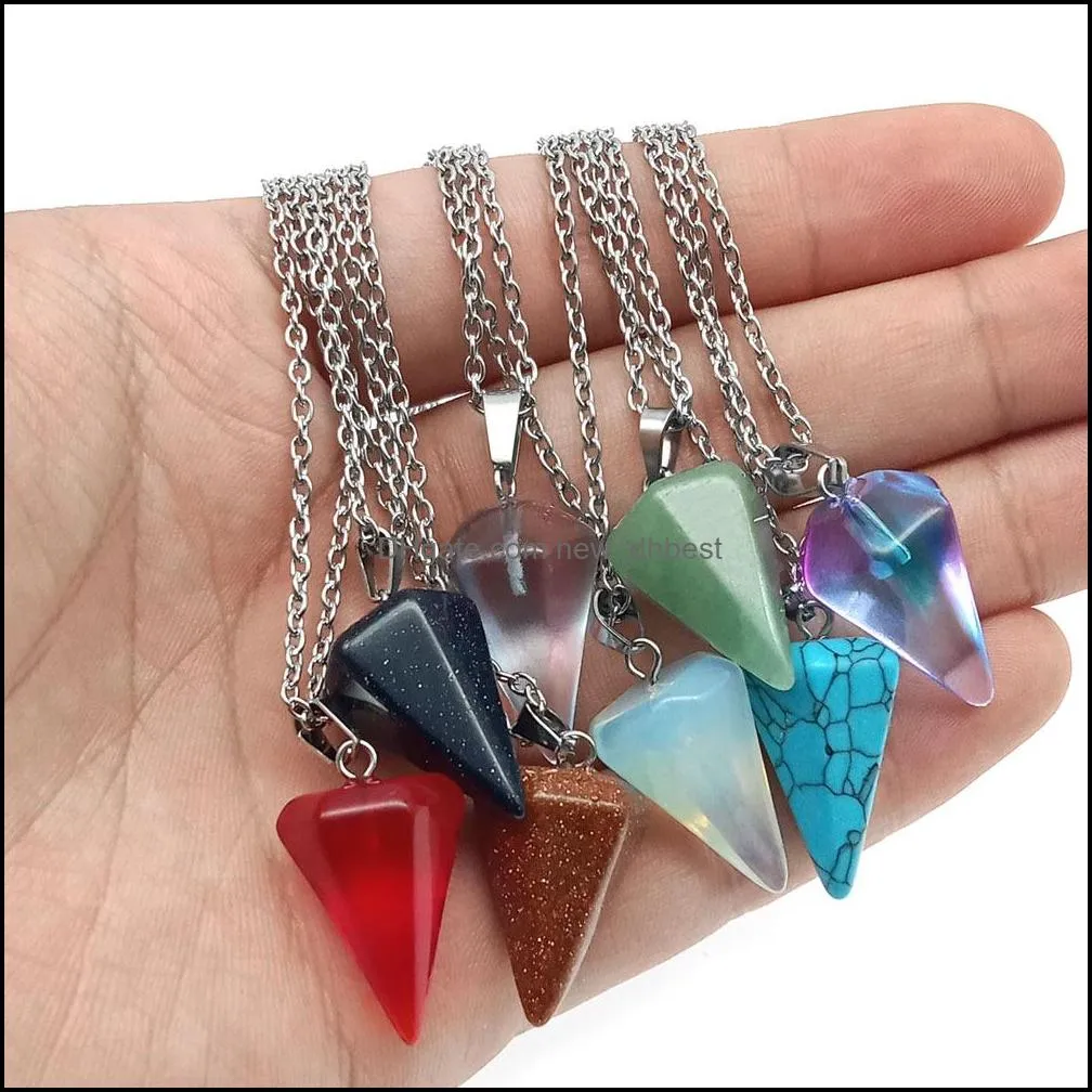 cone stone opal crystal pendulum pendant necklace chakra healing jewelry for women men stainless steel chain