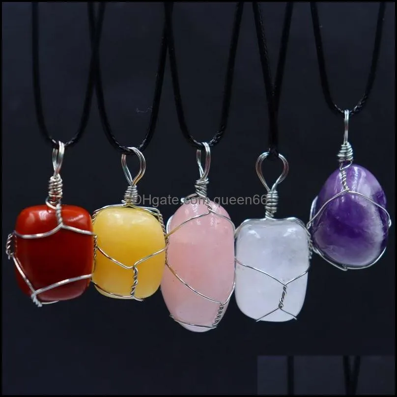 irregular round natural stone pendant necklace amethyst lapis rose quartz crystal wrap wire necklaces healing for women men