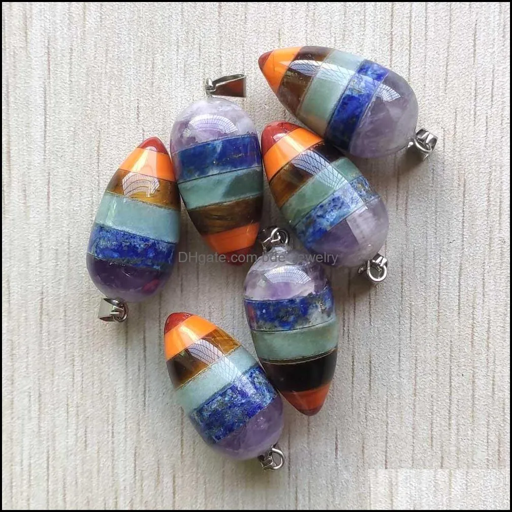 rainbow 7 chakra charms layered natural amethyst tiger eye stone circular cone shape pendant for jewelry making