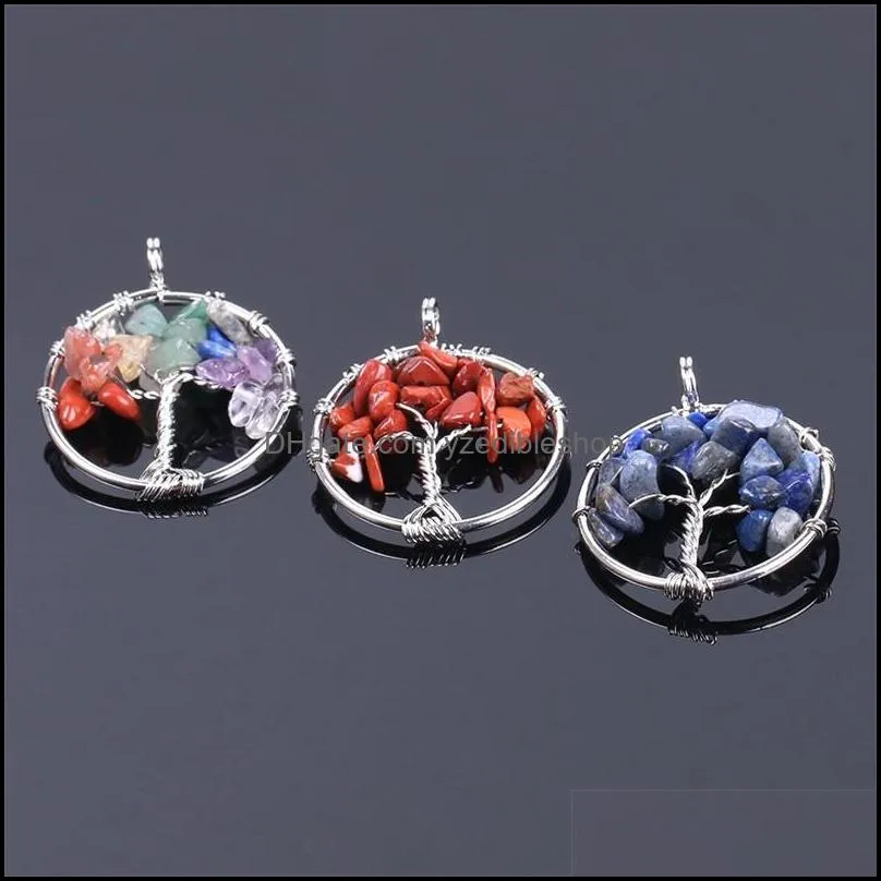 gravel 7 chakra beads stone wrapped tree of life energy charms healing crystal reiki pendant for necklace jewelry making