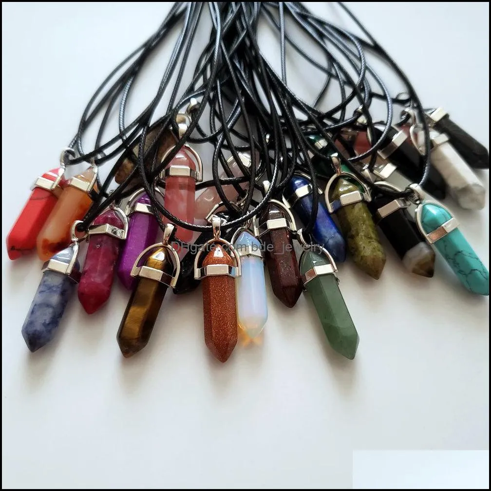 fashion quality natural stone crystal pillar pendant chakra pendulum necklace for woman leather chains jewelry