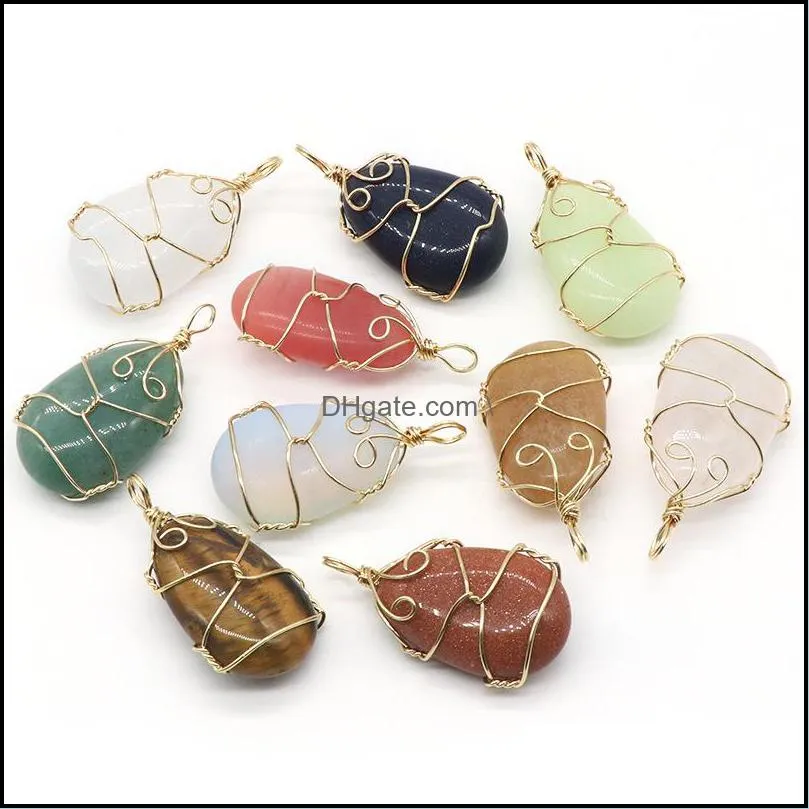 gold wire wrap oval colorful crystal stone pendant necklace quartz crystals necklaces healing jewelry for men men rope chain