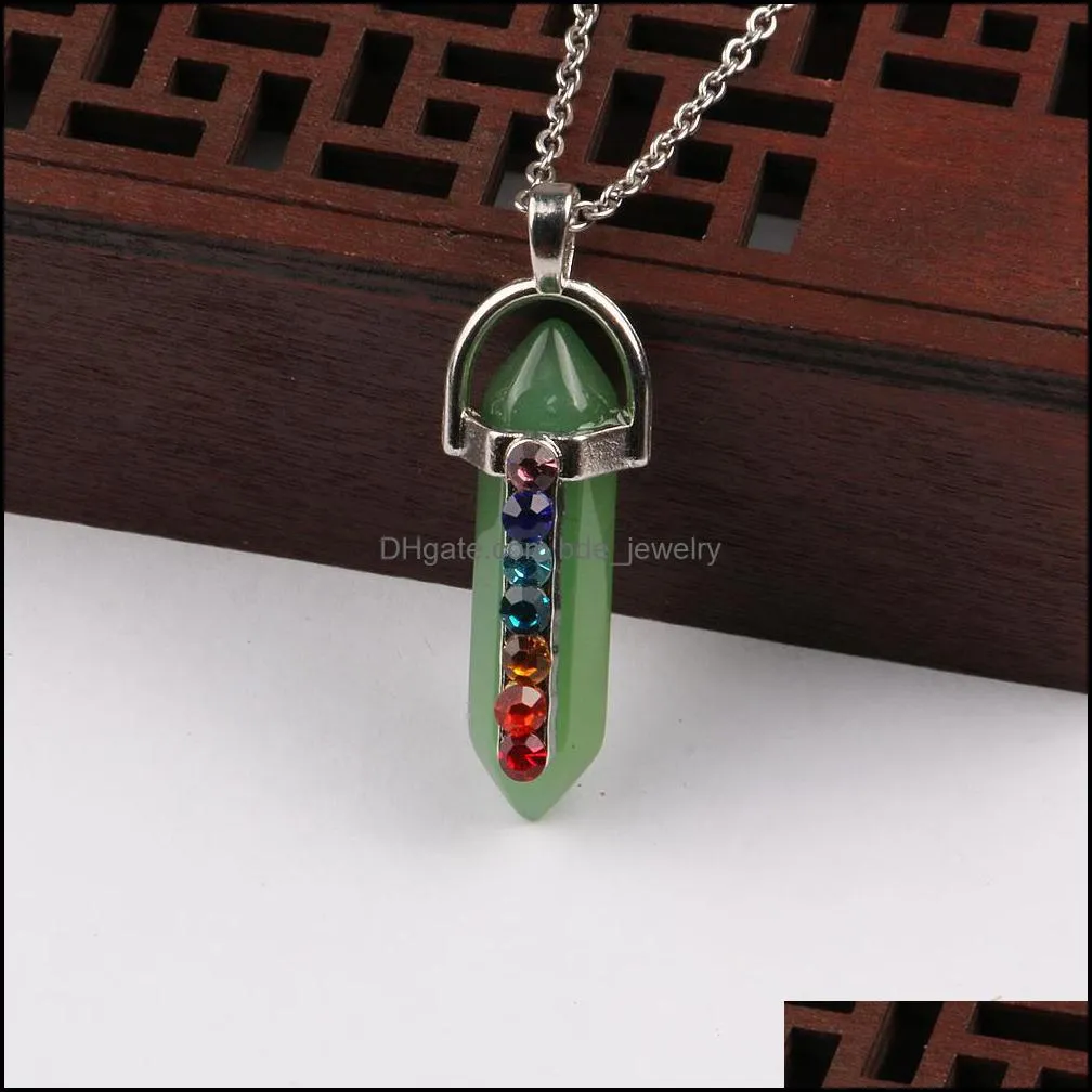 rhinestone 7 chakras stone hexagonal prism pendant necklace amulet stainless steel chain necklaces for women men