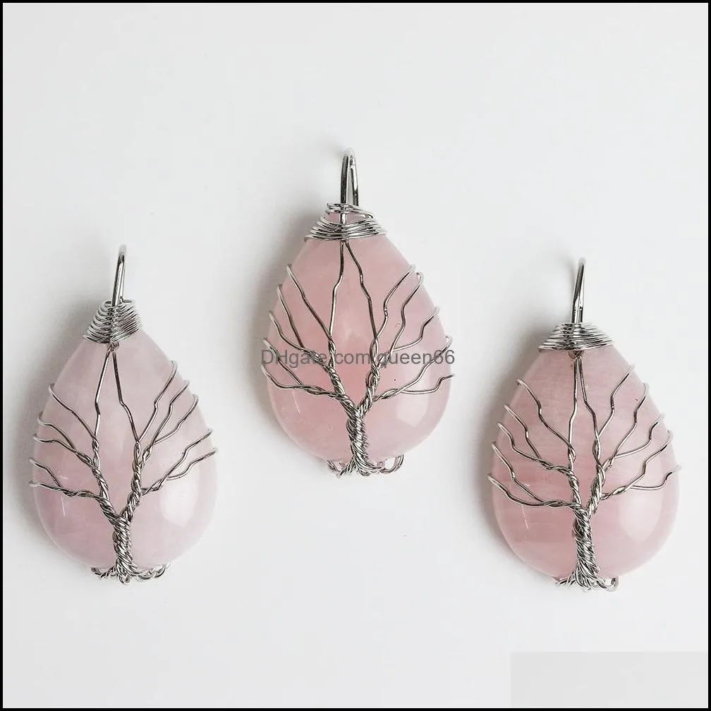 natural stone healing crystal tree of life charms waterdrop pendants rose quartz silver copper wire wrapped trendy jewelry making necklaces