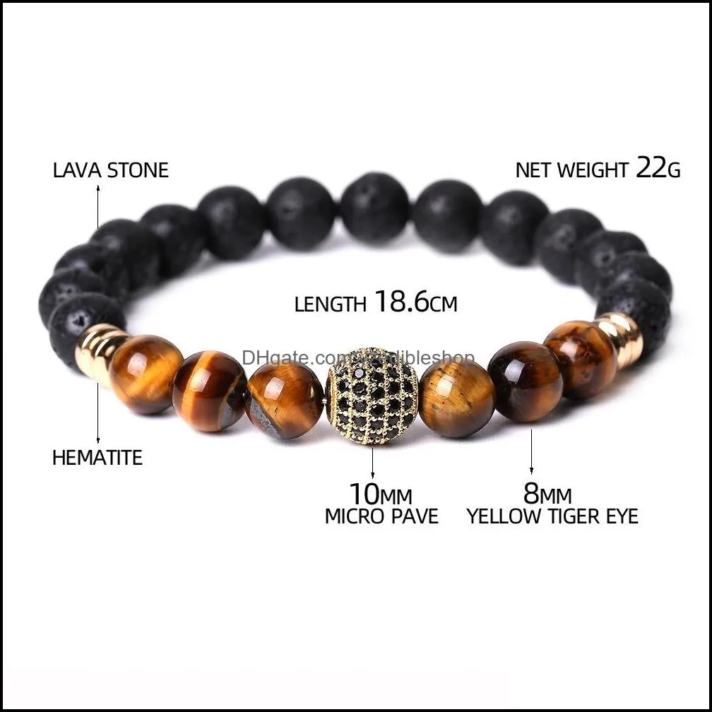 cubic zircon ball hand jewelry tiger eye lava stone bead bracelet elastic stretch men bracelets