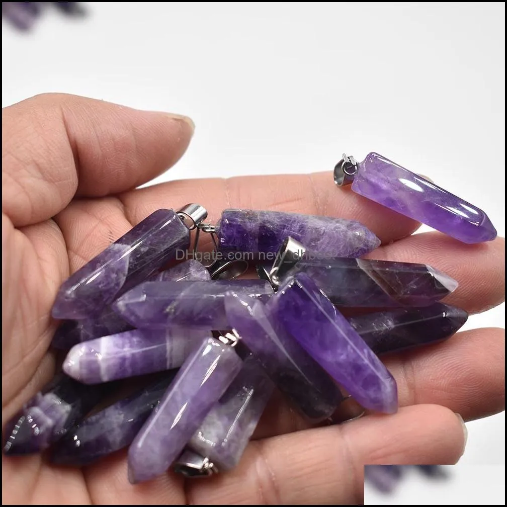 amethyst hexagonal pillar charms quartz crystal natural stone pendants for necklace earrings jewelry making
