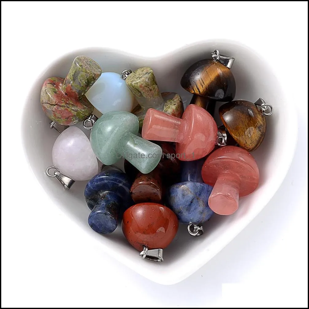 natural crystal stone mushroom charms rose quartz green brown stones pendant for diy jewelry making necklace wholesale