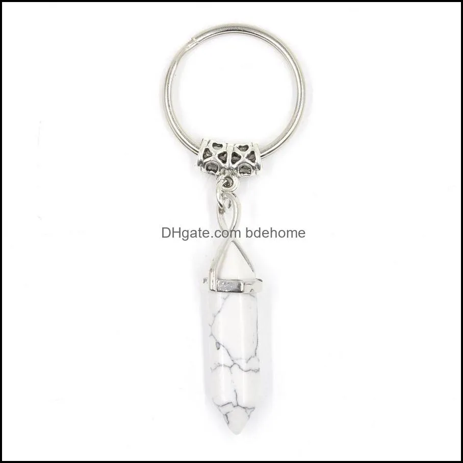 natural stone hexagonal prism key rings keychains healing pink crystal car decor key chain keyholder for women men jewelry