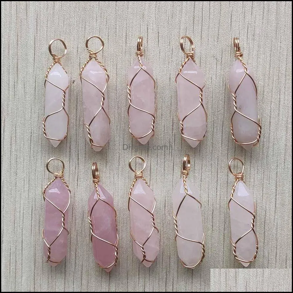 healing natural pink rose quartz stone crystal handmade charms gold iron wire pillar shape pendants for jewelry making