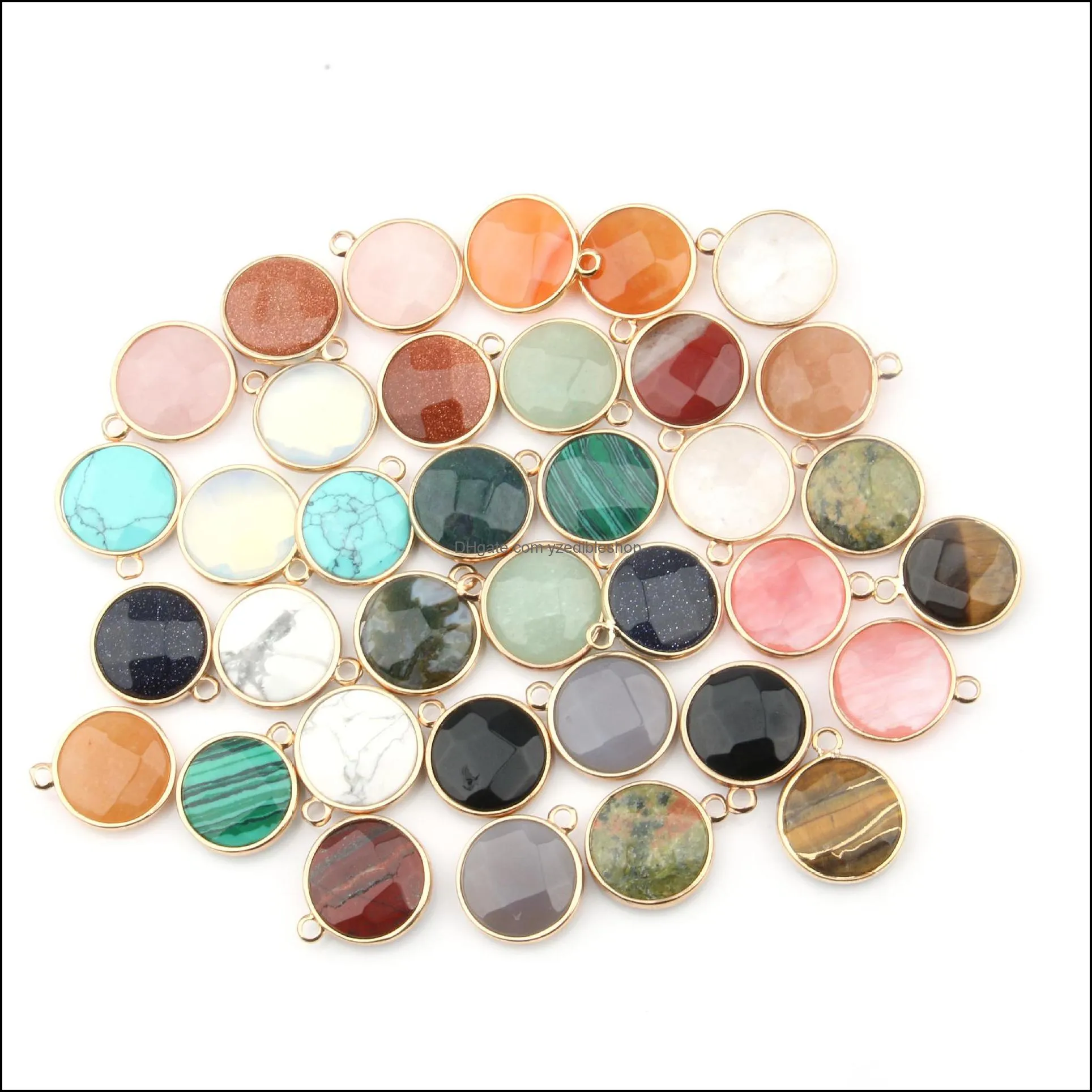 wholesale flat round charms natural stone rose quartz tiger eyes pendant diy for druzy necklace earrings or jewelry making 18x21x7mm