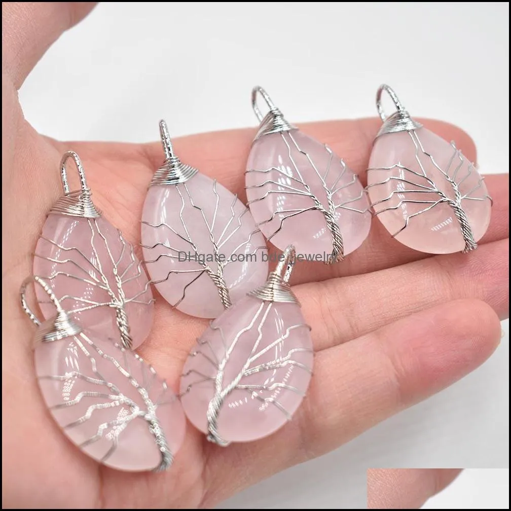natural stone healing crystal tree of life charms pendants rose quartz wire wrapped trendy jewelry making