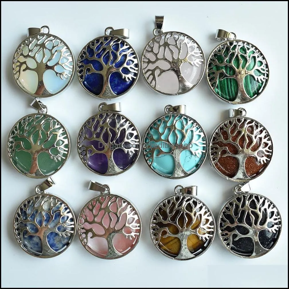 fashion hollow tree of life healing stone charm handmade rose quartz chakra pendants for necklace jewelry making wholesale