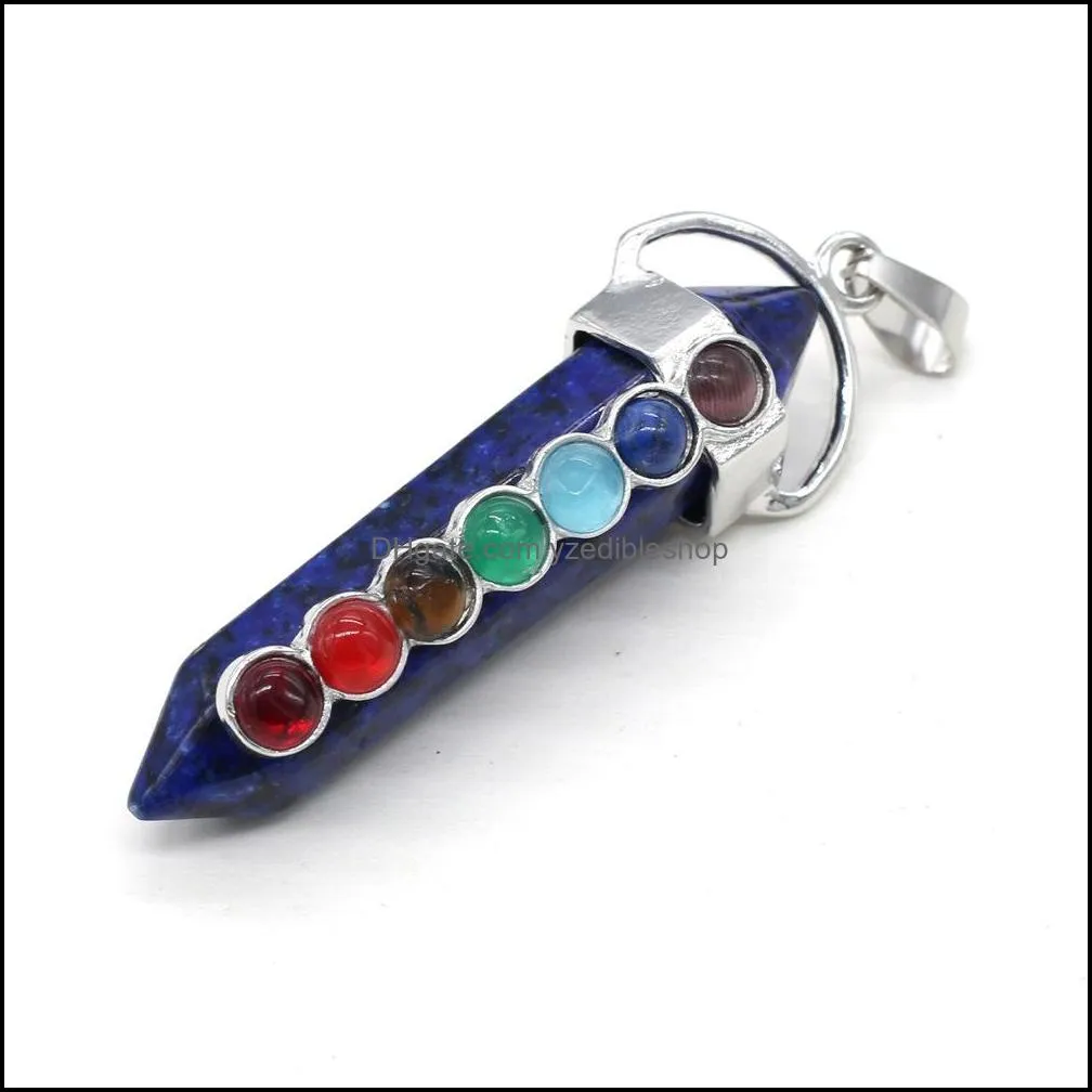 7 chakra stone pillar pendulum charms hexagonal prism healing crystal reiki point pendant for necklace jewelry making