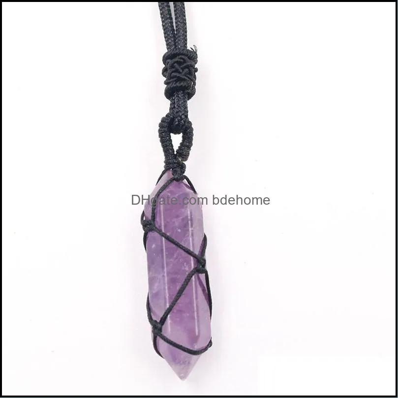 rope wrap natural stone necklace pink quartz aventurine amethysts point hexagonal crystal pendulum pendant necklaces for women