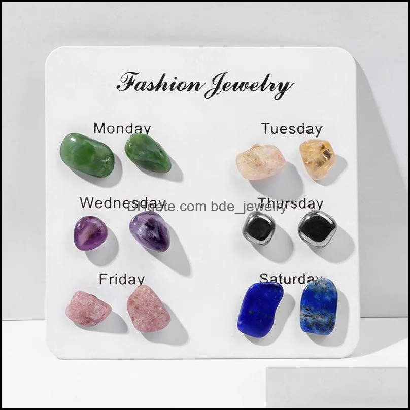 6pairs/set fashion women raw natural crystal stone stud earrings set girl rose quartz jades jaspers earrings