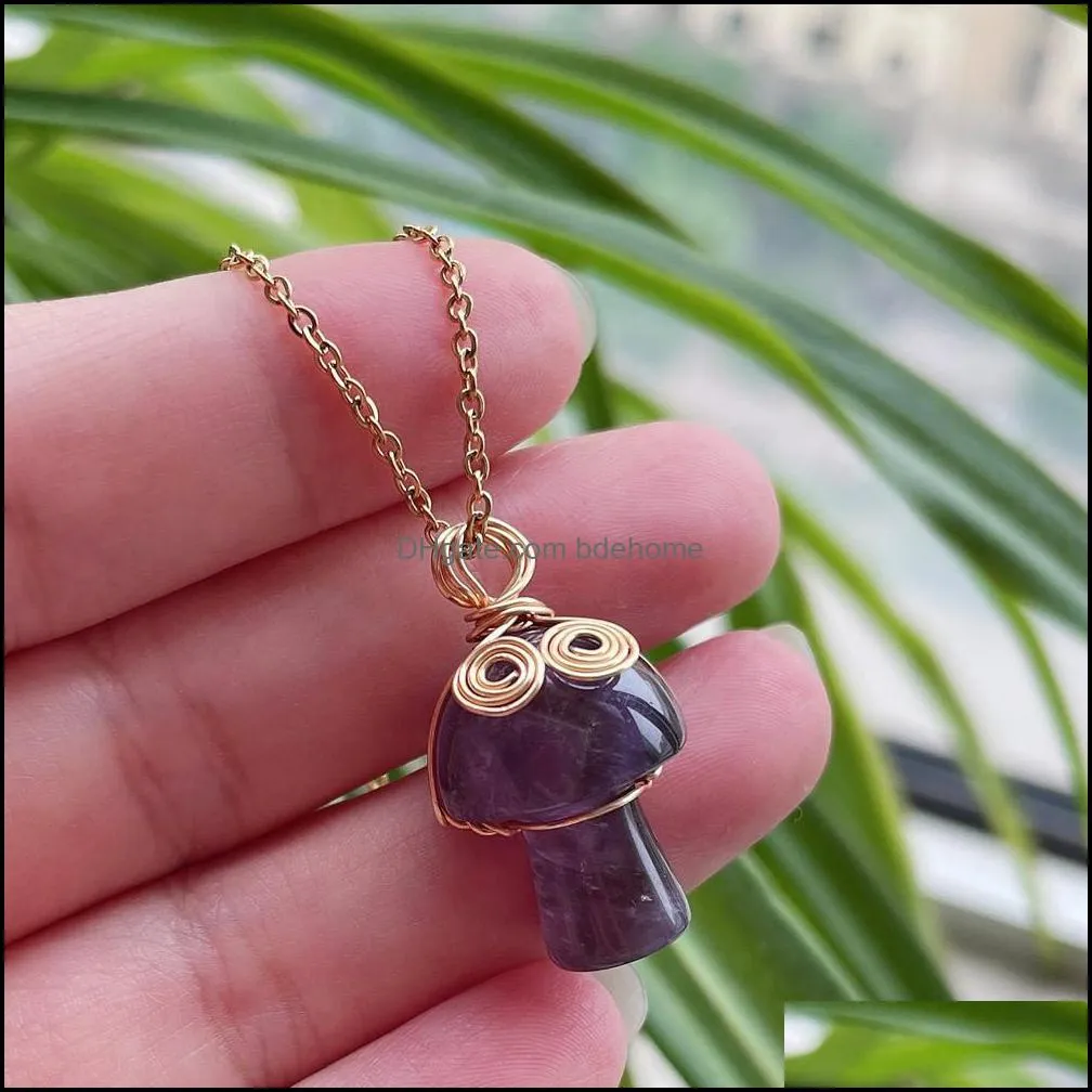 reiki natural stone crystal golden chain cute mascot mushroom pendant necklace amethysts labradorite opal chokers necklace