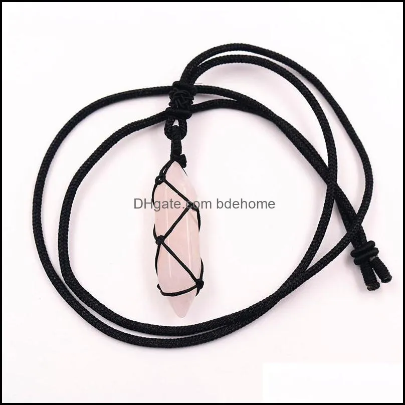 rope wrap natural stone necklace pink quartz aventurine amethysts point hexagonal crystal pendulum pendant necklaces for women