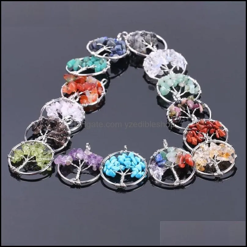 gravel 7 chakra beads stone wrapped tree of life energy charms healing crystal reiki pendant for necklace jewelry making