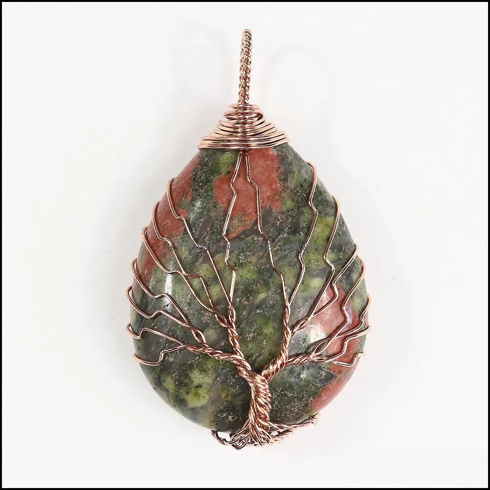 natural stone healing crystal tree of life charms waterdrop pendants rose quartz copper wire wrapped trendy jewelry making necklaces