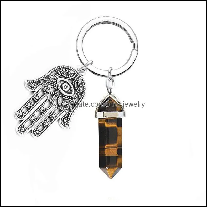 natural stone key rings hexagonal prism palm keychains healing rose crystal car decor keyholder for women men